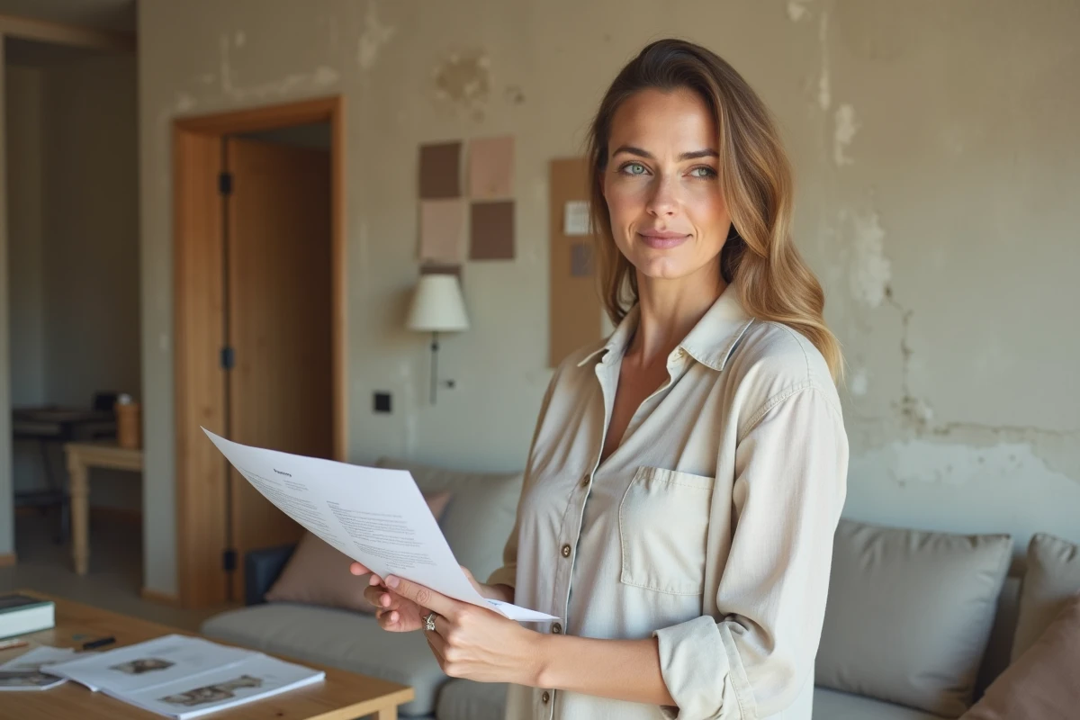 Femme consultant un devis de décoration intérieure dans un salon en cours de rénovation avec des échantillons de tissu et des nuanciers