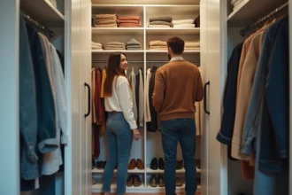 Couple organisant ensemble un dressing partagé aux rangements symétriques et bien structurés
