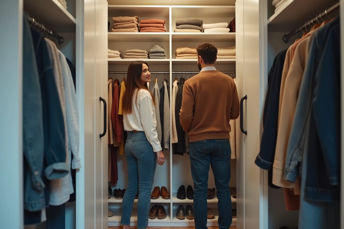 Couple organisant ensemble un dressing partagé aux rangements symétriques et bien structurés