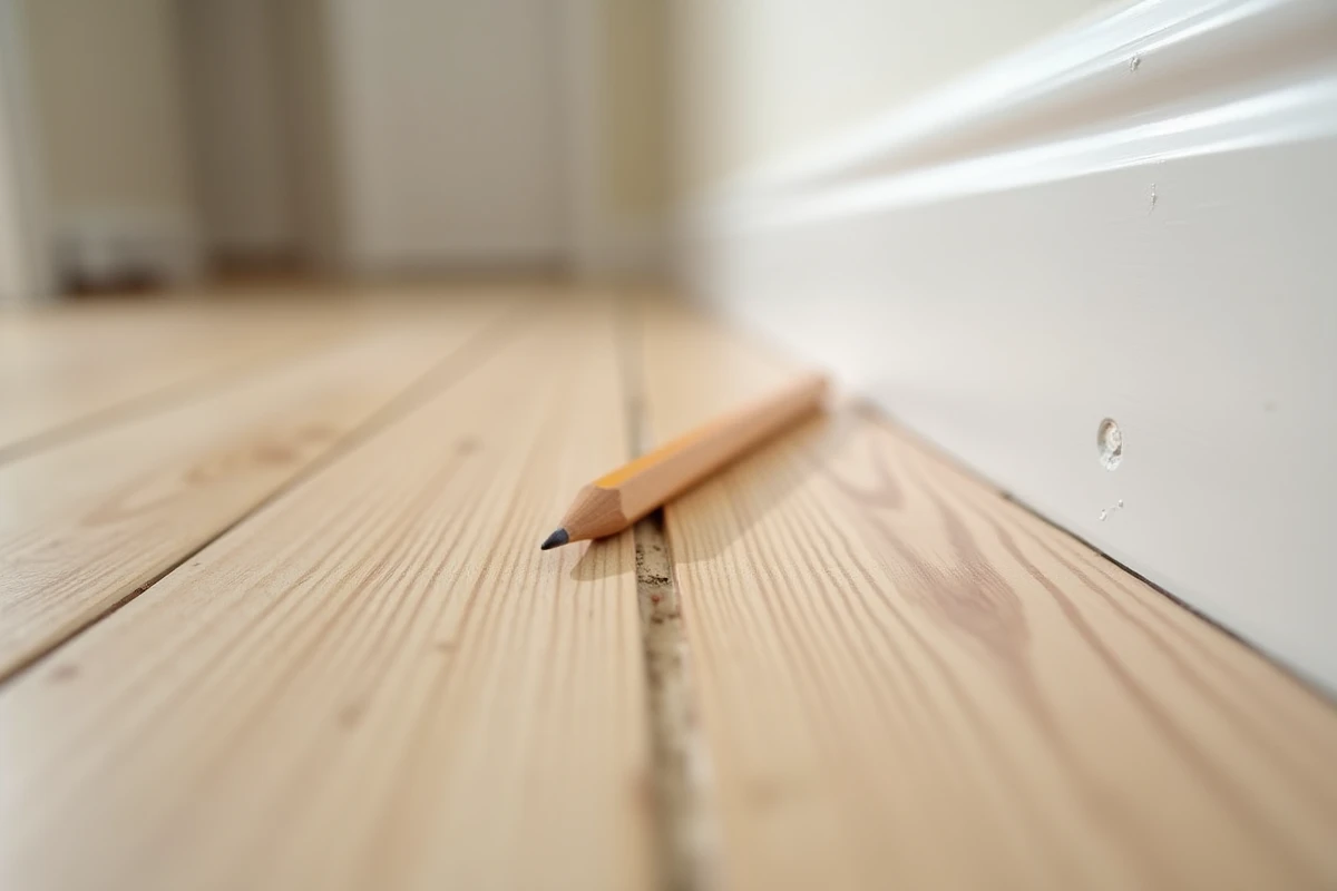 Gros plan sur un espace entre deux lames de parquet neuf près d'une plinthe blanche dans un couloir résidentiel