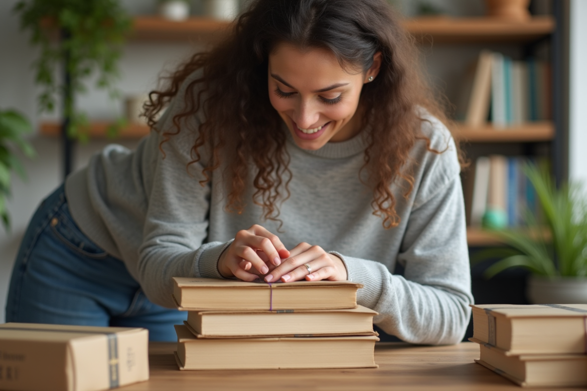 Femme emballant des livres dans du papier kraft à la maison