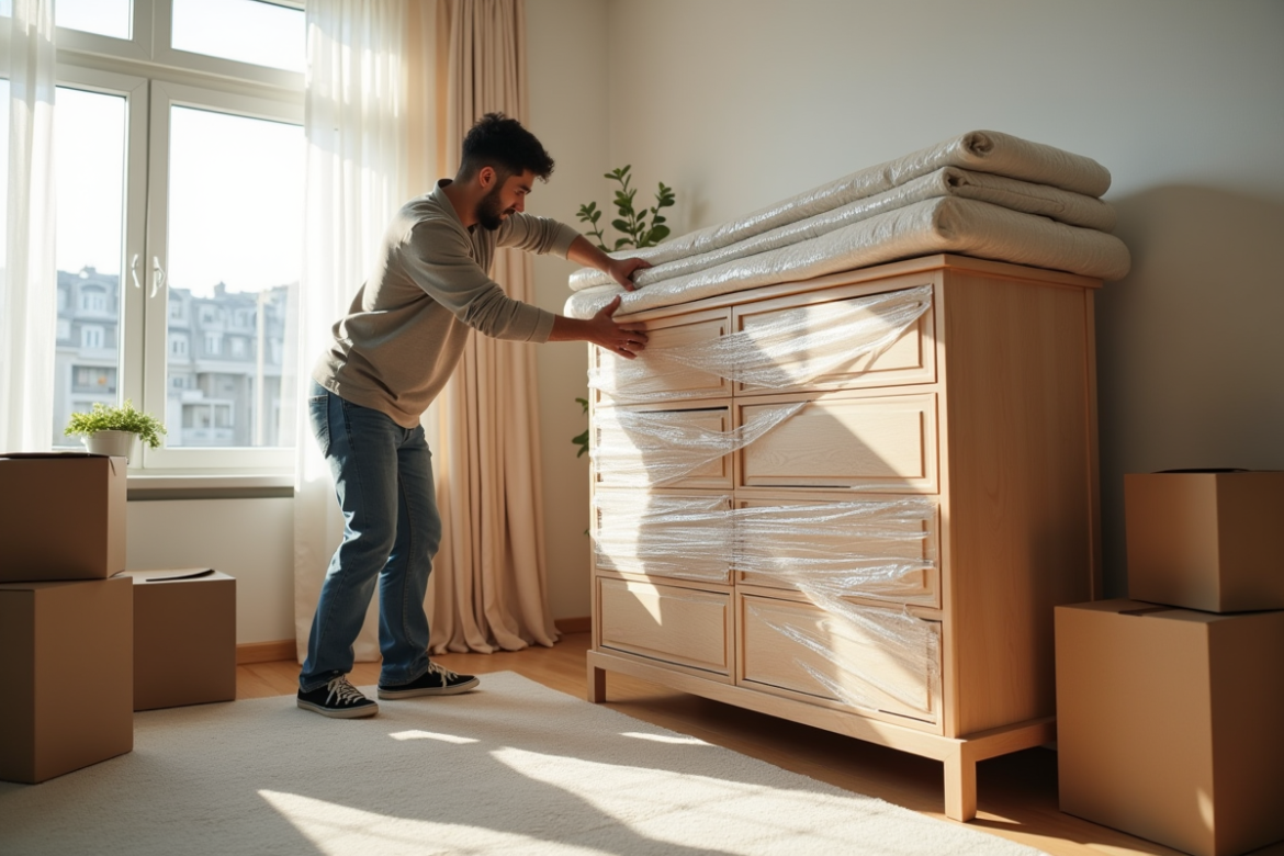 Personne emballant un grand meuble en bois dans un salon lumineux