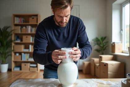 Homme emballant une vase en porcelaine avec soin dans un salon lumineux