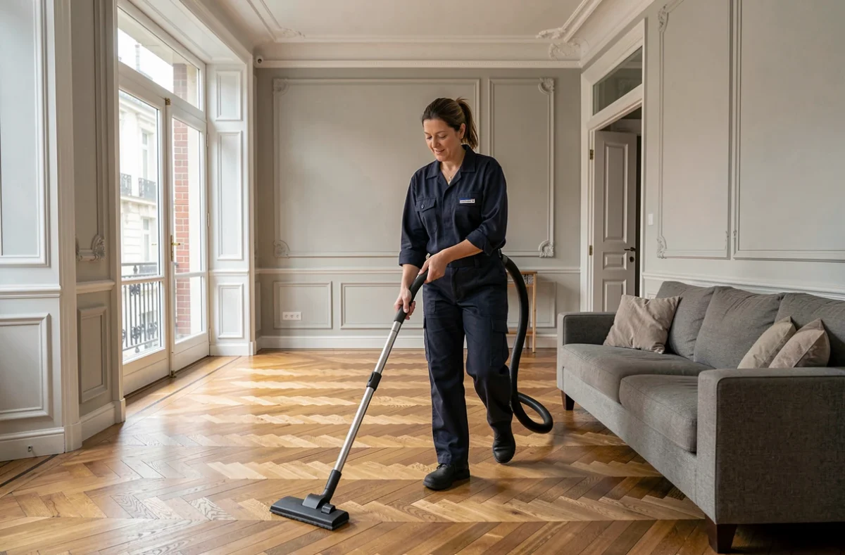 Employée de maison passant l'aspirateur dans un salon avec parquet et moulures dans un appartement lillois