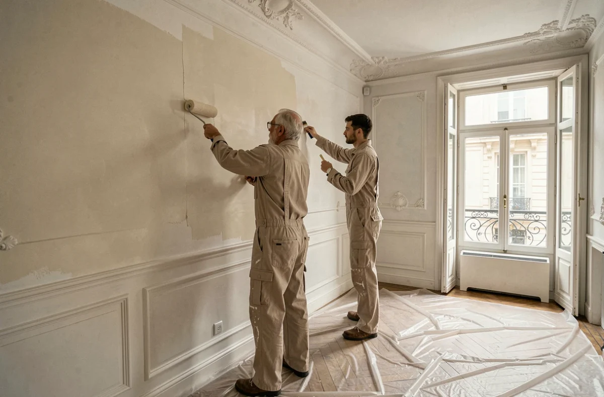 Deux peintres de l'entreprise Garcia Jacques et Fils rénovant l'intérieur d'un appartement classique à Toulouse