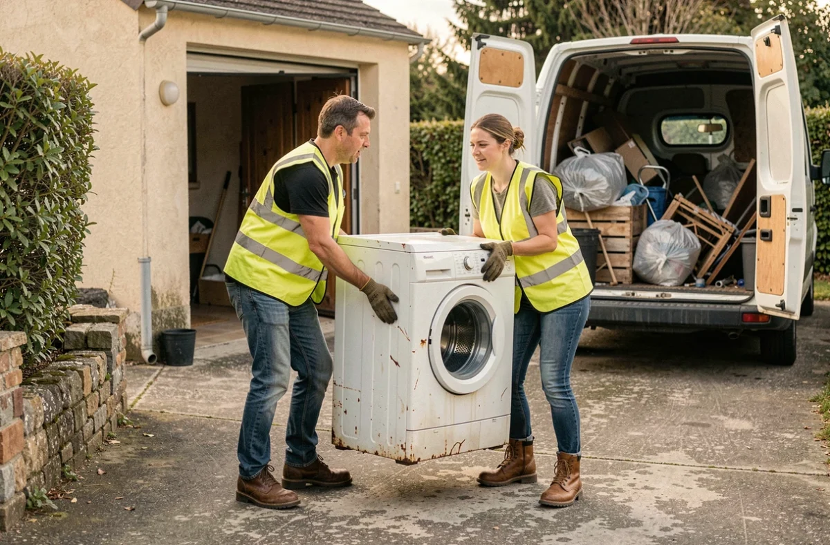 Équipe professionnelle de débarras transportant un gros électroménager hors d'un garage à Pontivy