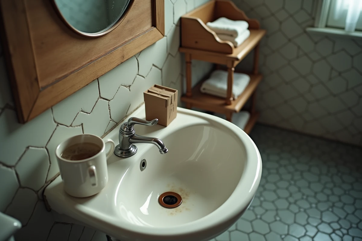 Évier de salle de bain avec du bicarbonate de soude et une tasse d'eau chaude prêts pour déboucher le siphon