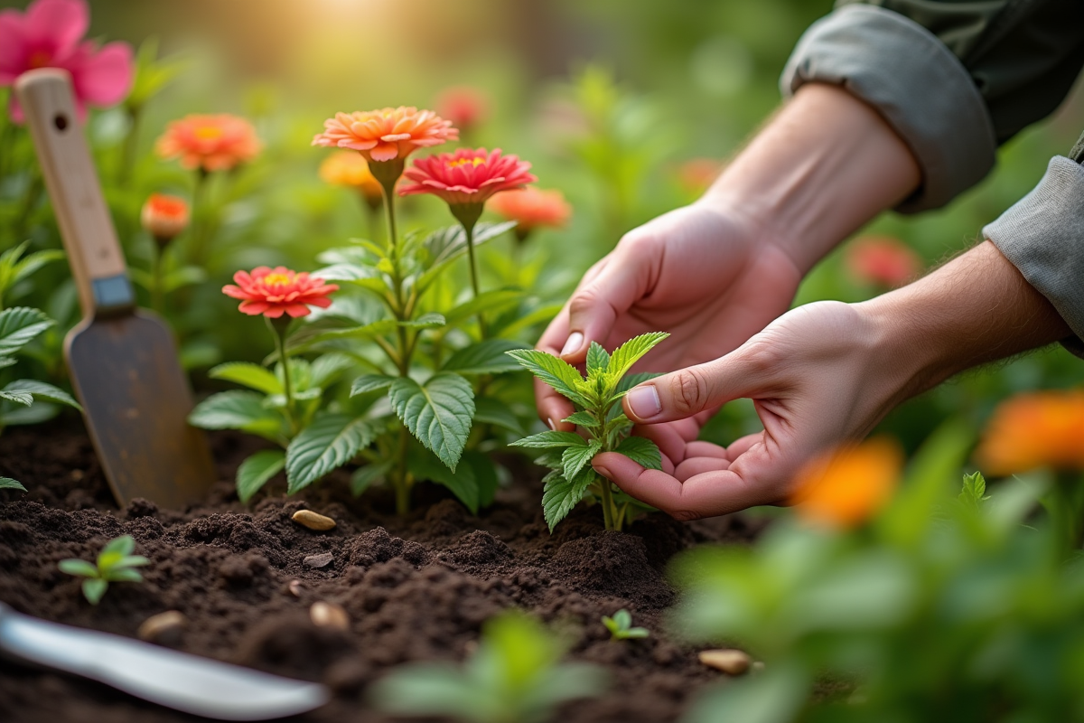 Mains examinant une plante dans un jardin en plein air