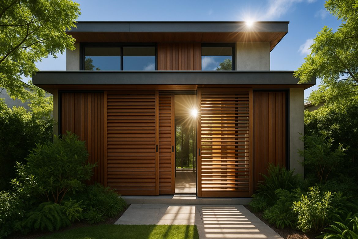 Façade de maison moderne avec volets en bois ouverts