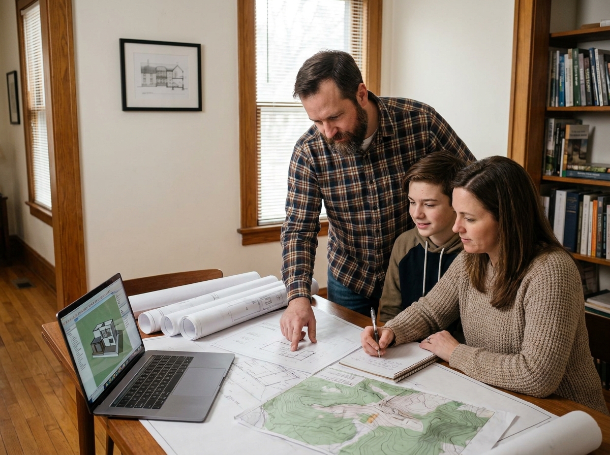 Famille réunie autour de plans de maison et d'une carte topographique pour choisir un projet adapté à leur terrain et mode de vie