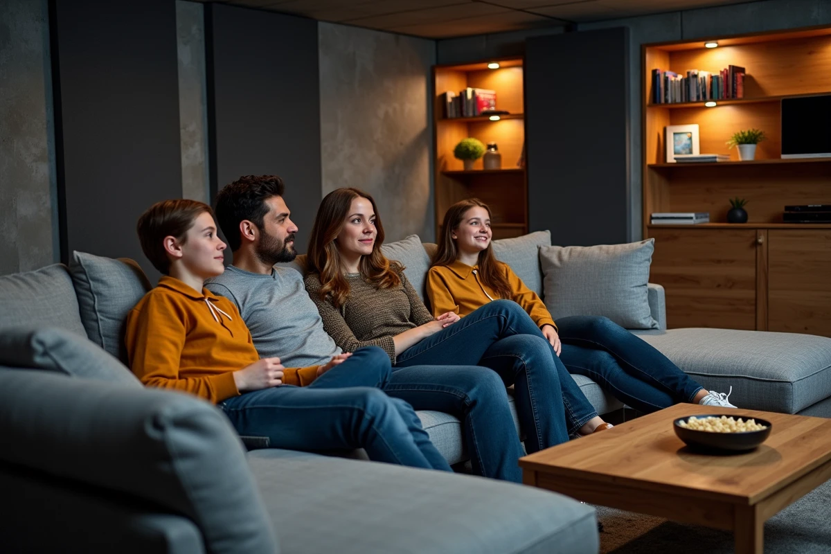Famille réunie dans un cinéma maison aménagé en sous-sol avec canapé gris, étagères de films et panneaux acoustiques
