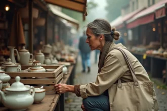 Femme inspectant des céramiques vintage à un vide-grenier dans l'Ain au lever du matin, ambiance brumeuse et authentique
