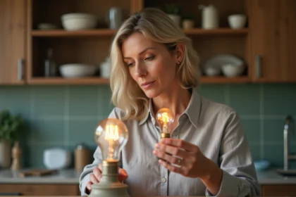 Femme examinant une petite ampoule LED économique dans une cuisine moderne en France