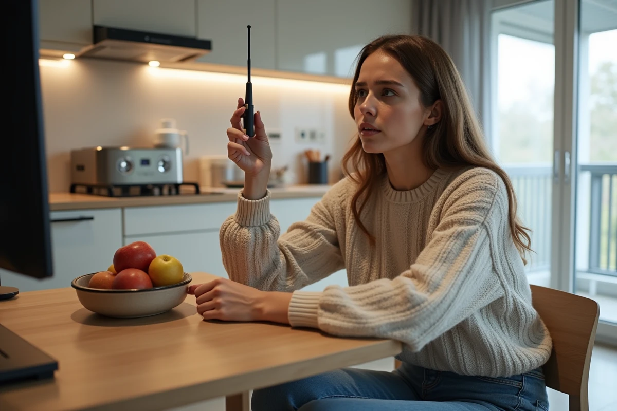 Jeune femme étudie une antenne TV dans sa cuisine lumineuse