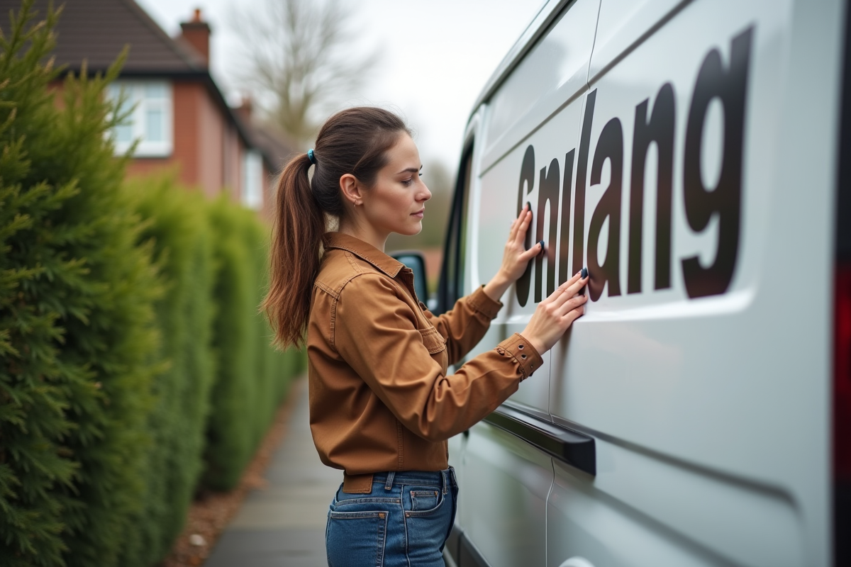 Jeune femme collant une enseigne magnetique sur une camionnette