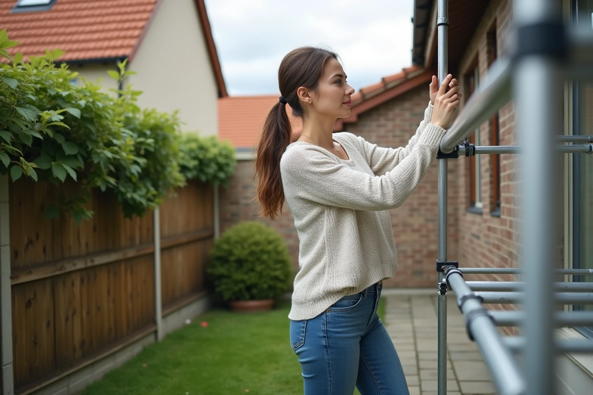 Femme installant une échelle dans son jardin résidentiel