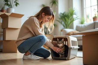Jeune femme guidant son chat dans une cage lors d'un déménagement