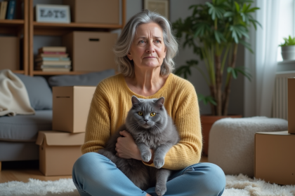 Femme assise avec un chat gris dans un salon en transition