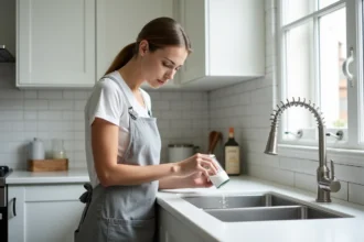 Femme versant du bicarbonate de soude dans un évier de cuisine pour le déboucher