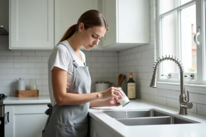Femme versant du bicarbonate de soude dans un évier de cuisine pour le déboucher
