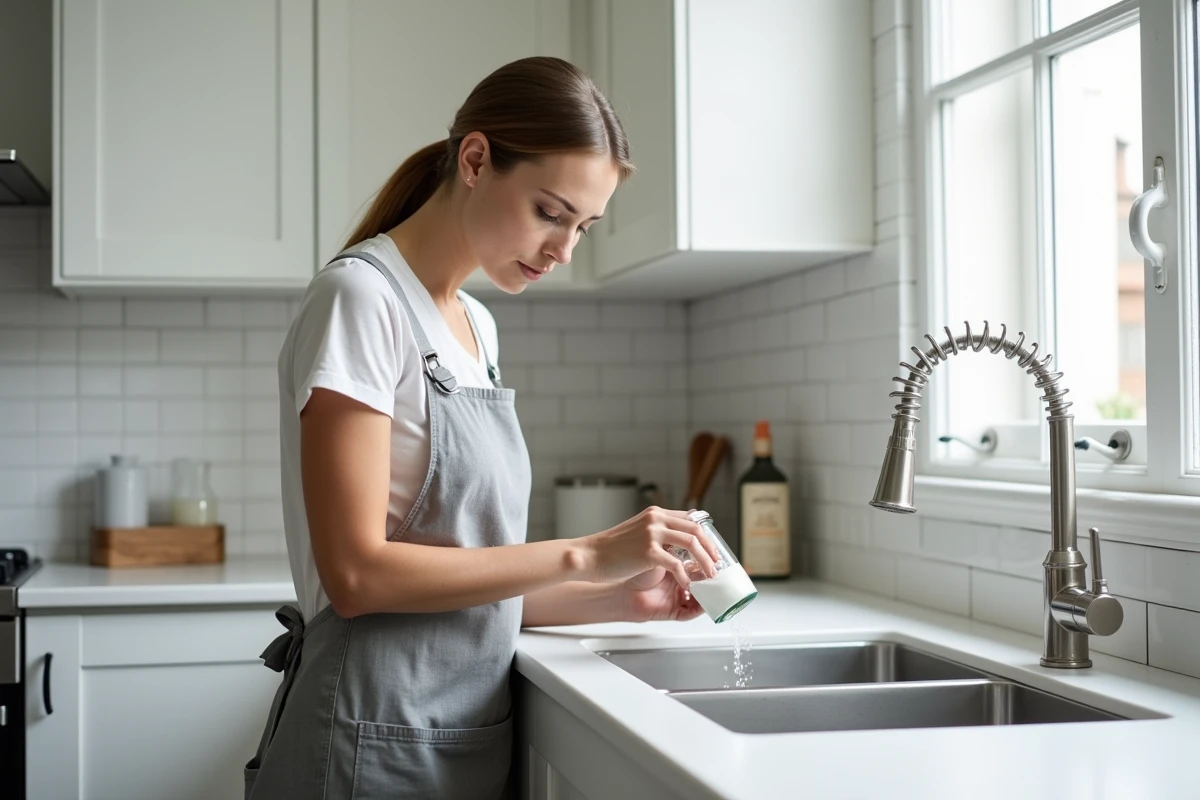 Femme versant du bicarbonate de soude dans un évier de cuisine pour le déboucher