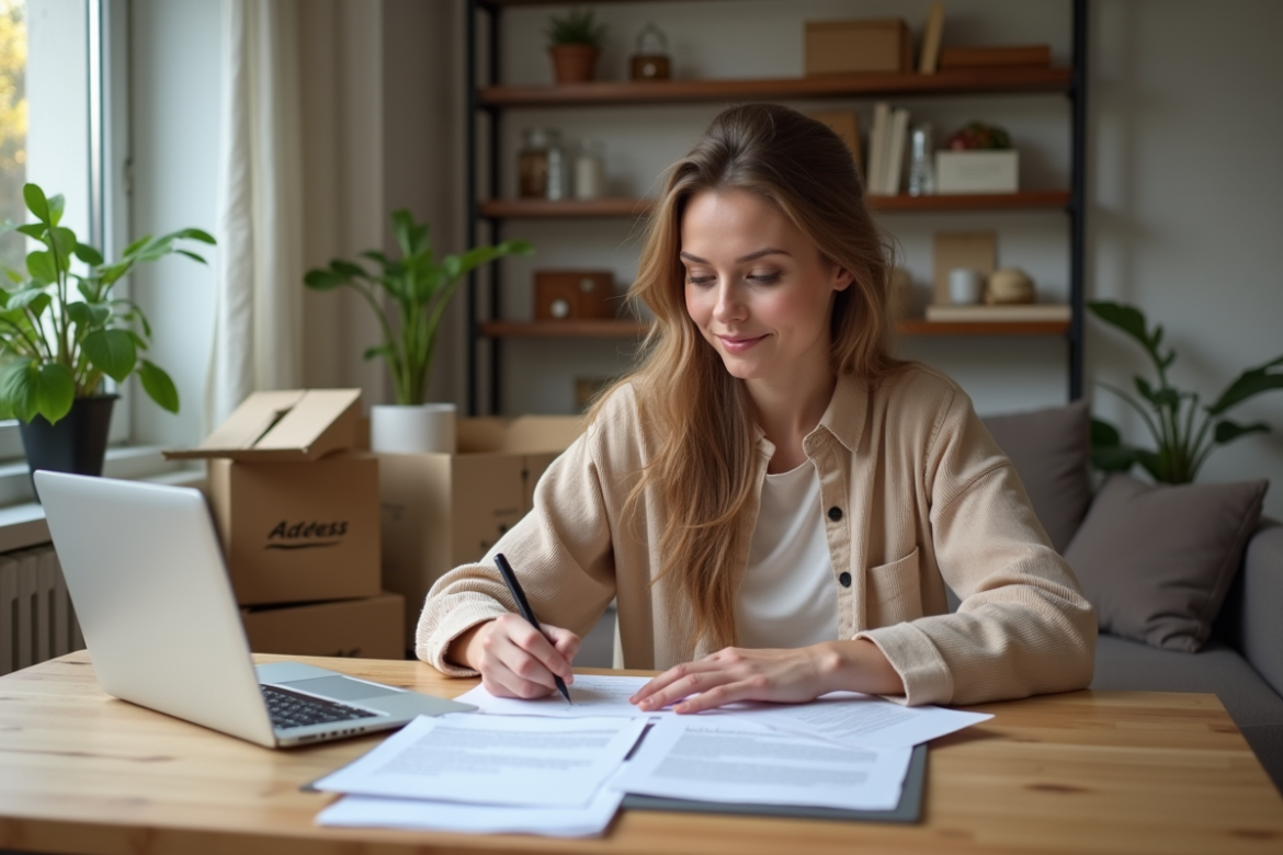 Femme écrivant un changement d'adresse dans un appartement moderne