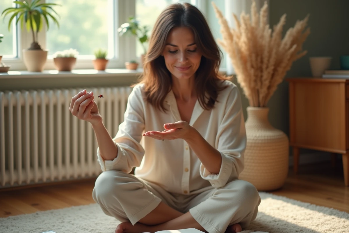 Femme observant une coccinelle sur son doigt dans un intérieur naturel, interprétation spirituelle et ésotérique du signe
