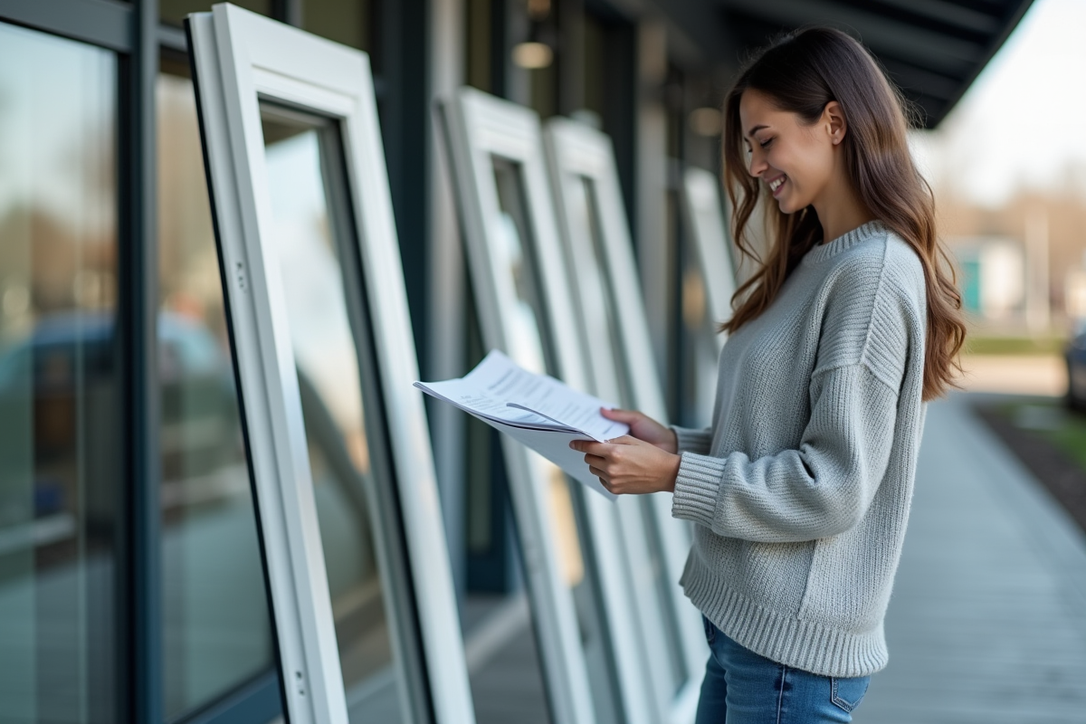 Jeune femme compare brochures de fenêtres PVC extérieures