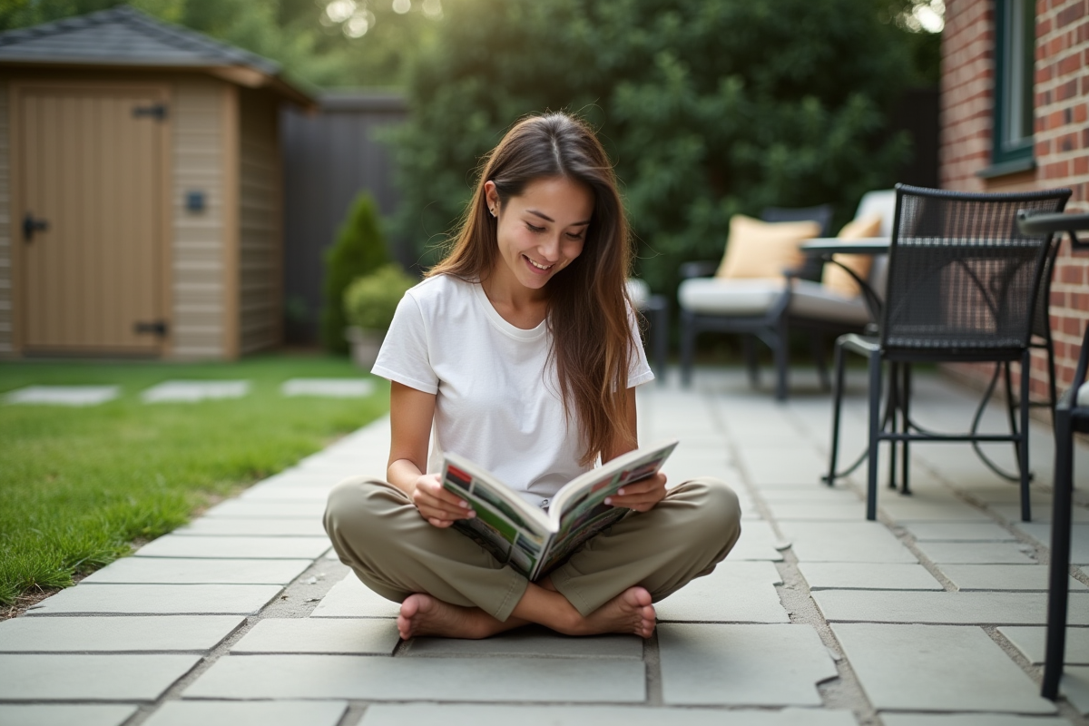 Jeune femme regardant un catalogue de materiaux pour terrasse