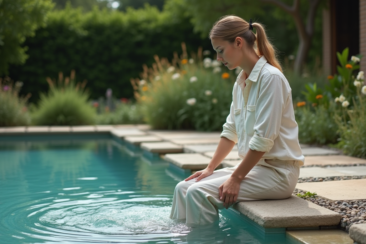 Femme couvrant une piscine naturelle avec une couverture manuelle