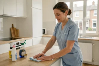 Femme de ménage professionnelle nettoyant un plan de travail dans une cuisine moderne à Sens