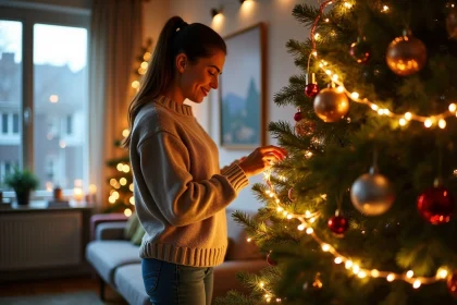 Femme arrangeant guirlandes lumineuses sur sapin de Noël