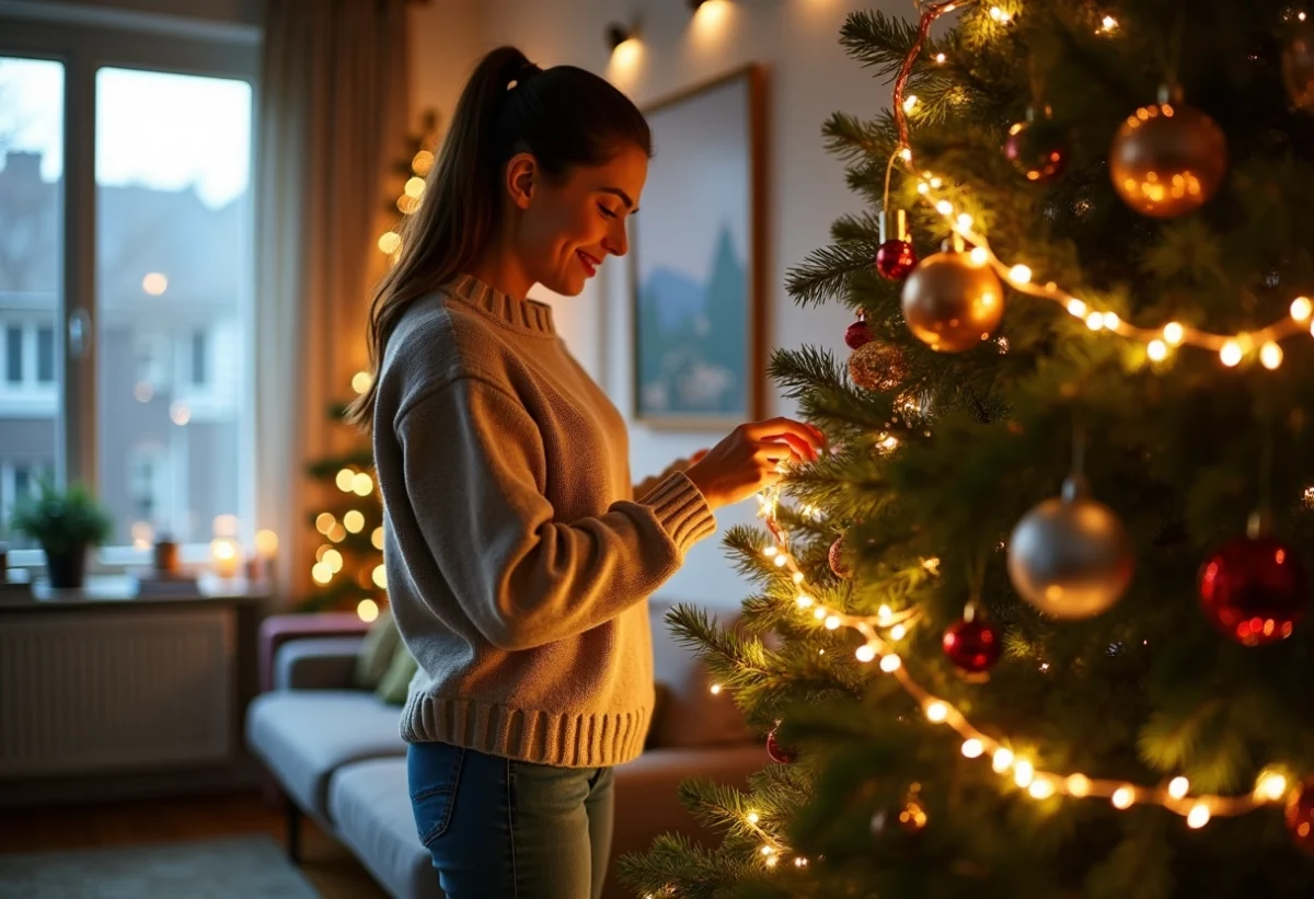 Femme arrangeant guirlandes lumineuses sur sapin de Noël