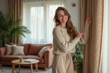 Femme souriante touchant des drapes dans un salon cosy