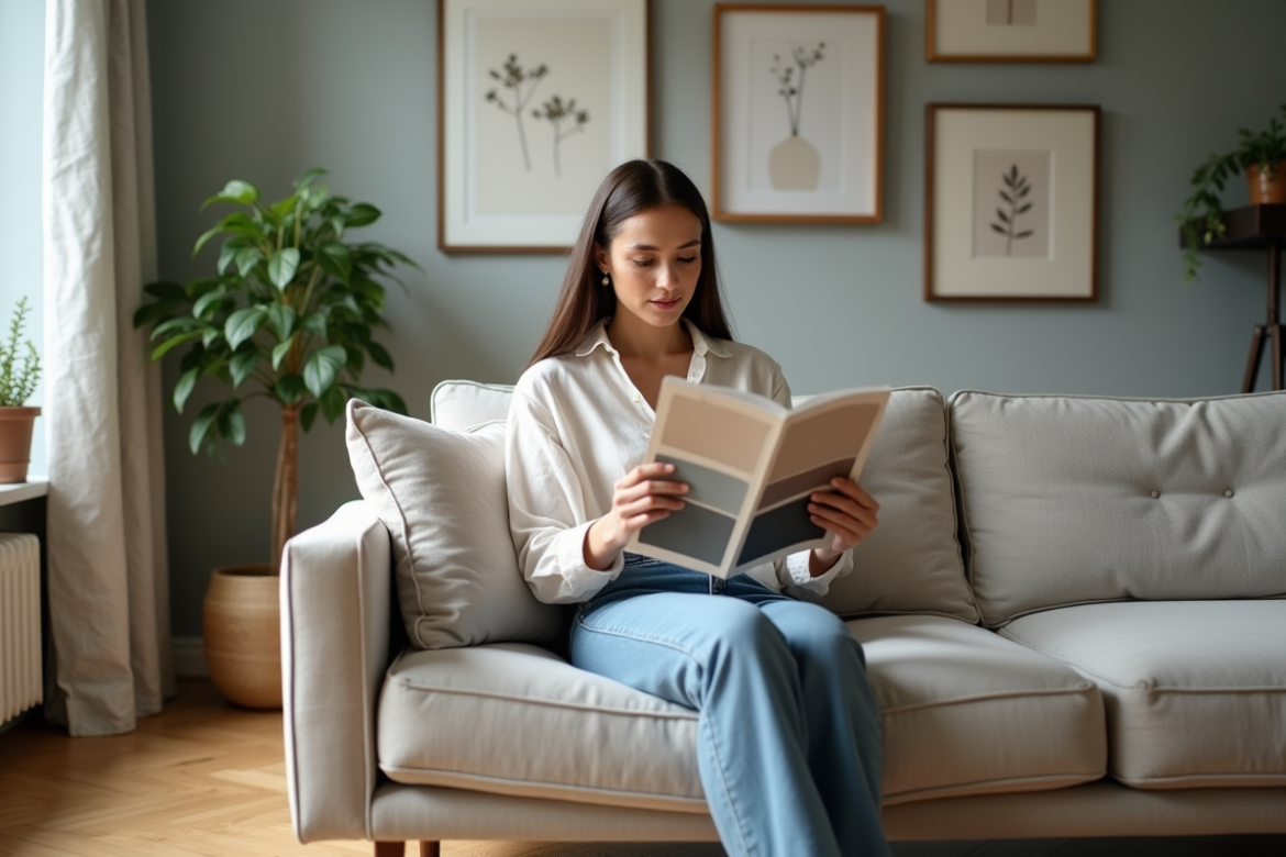 Femme assise sur un canapé en intérieur lumineux et apaisant
