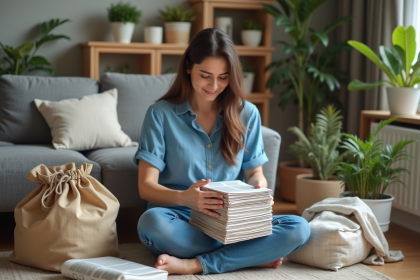 Femme emballant des livres avec des matériaux recyclés dans un salon cosy