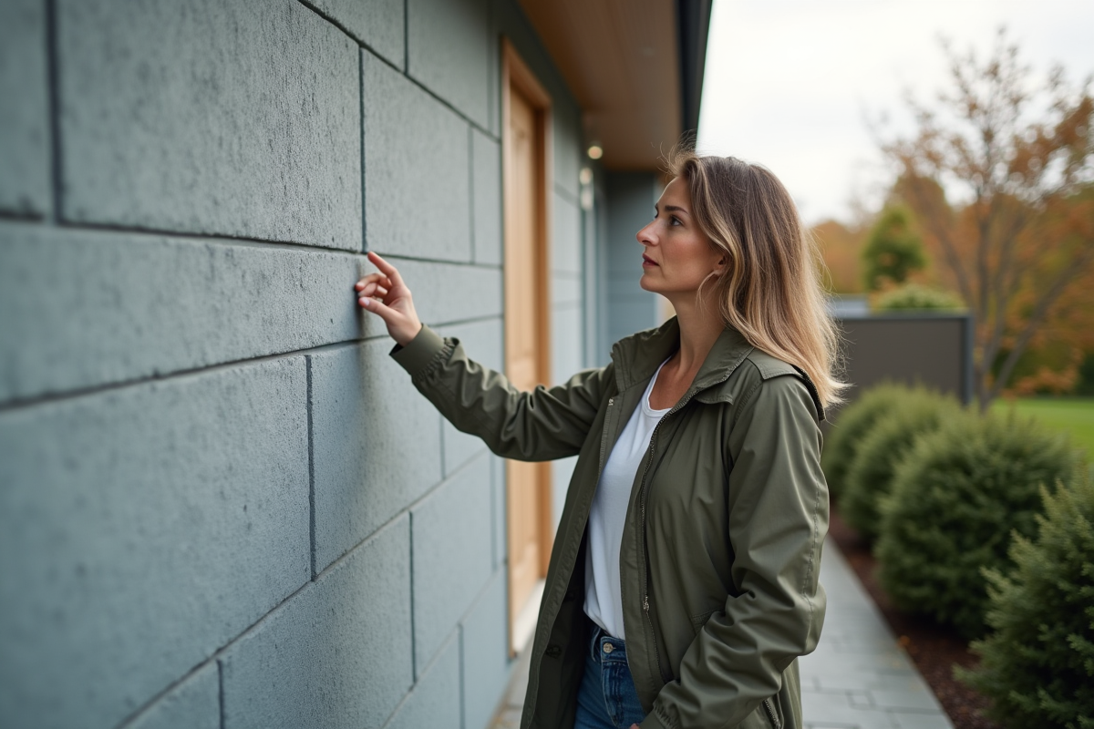 Femme regardant une façade isolée dans un cadre résidentiel