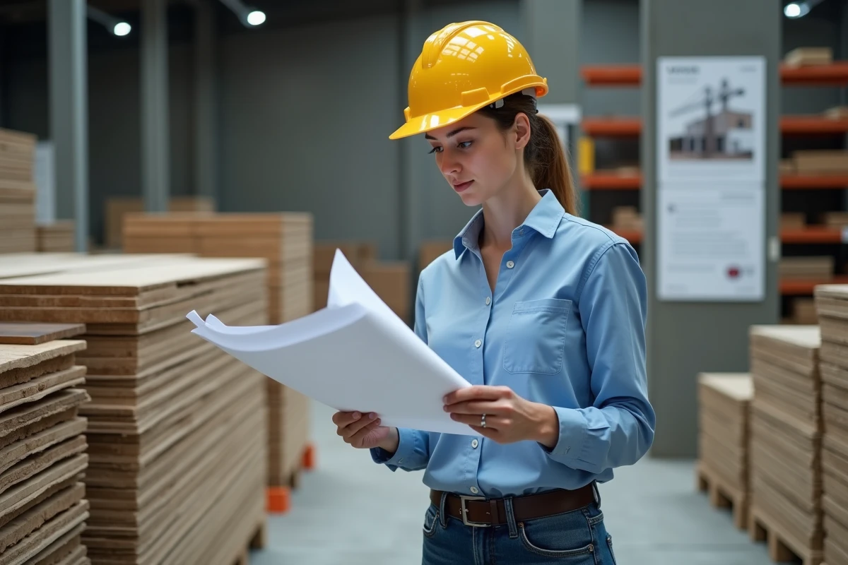 Jeune femme gestionnaire de chantier examinant des plans de construction