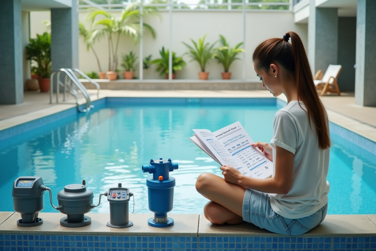 Jeune femme lisant un guide de filtration de piscine intérieure
