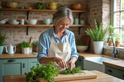 Femme en tablier de lin arrangeant des herbes fraîches dans une cuisine rustique