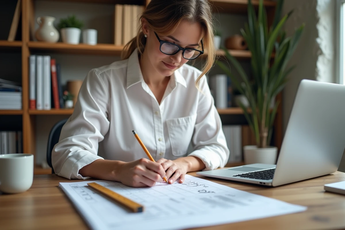 Femme ingénieure calculant le volume de béton en m3 sur papier millimétré dans un bureau