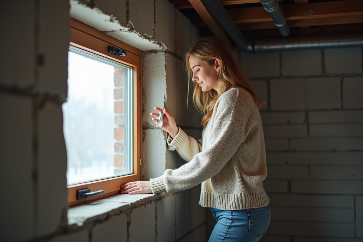 Jeune femme scellant une fenêtre dans un sous-sol non fini