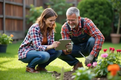 Femme montrant une tablette à un jardinier dans un jardin