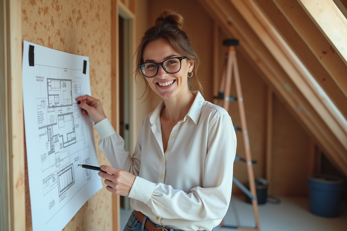 Femme pointant un plan dans un attic en rénovation
