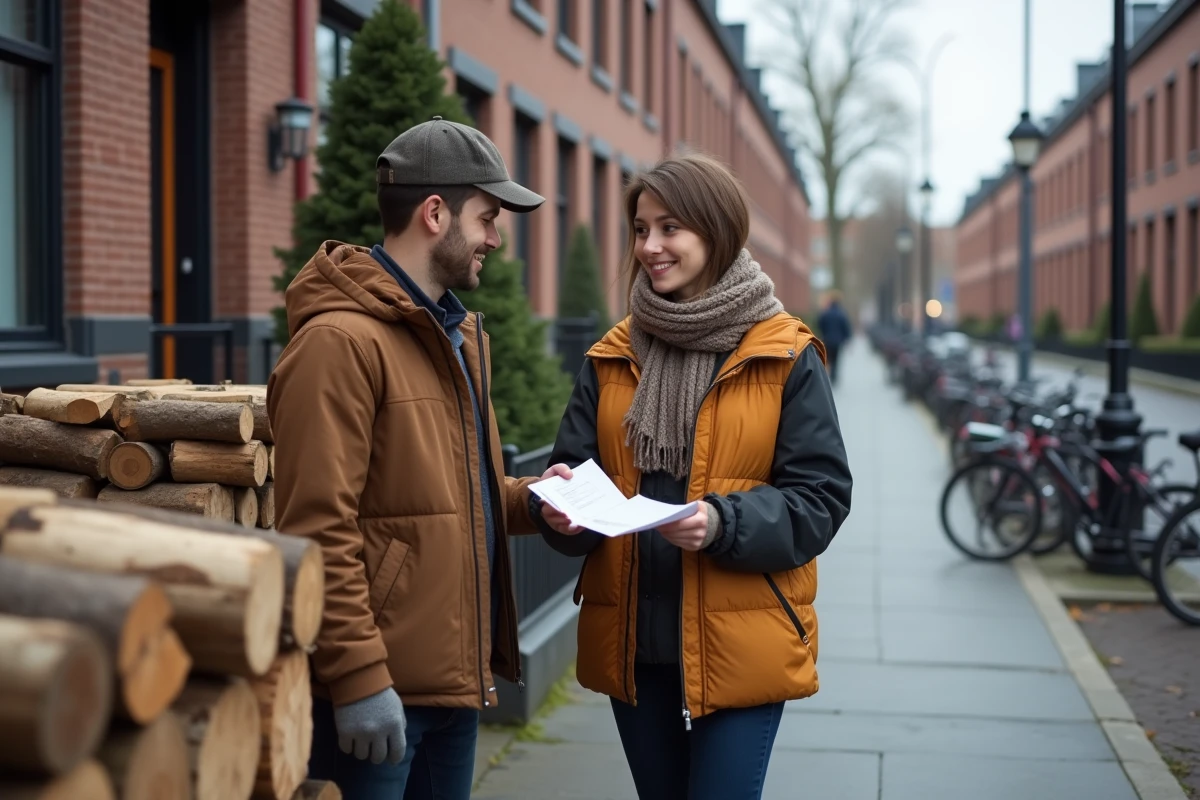 Jeune femme vérifie un reçu de livraison de bois en ville