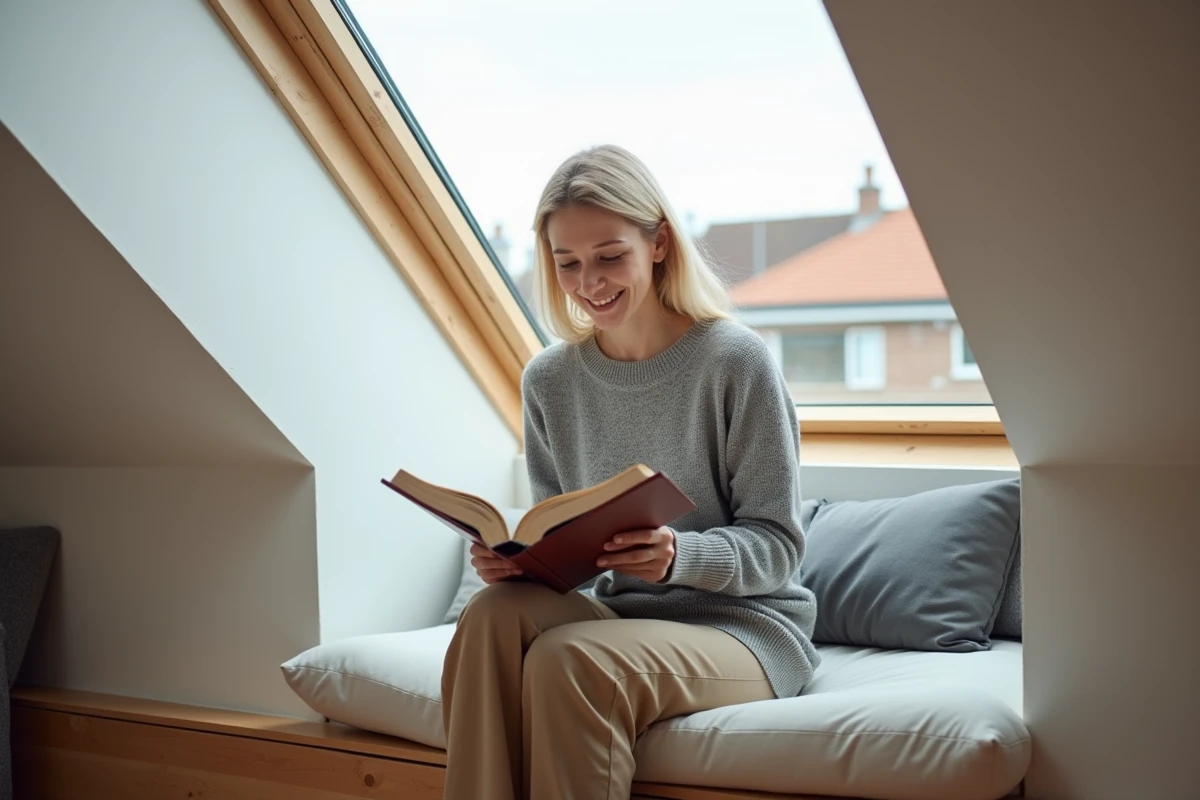 Jeune femme lisant dans un coin de grenier rénové