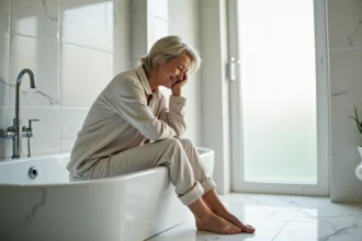 Femme en loungewear détendu dans la baignoire moderne