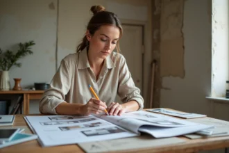 Femme consultant un magazine de rénovation maison avec des plans et des échantillons de peinture sur une table en bois