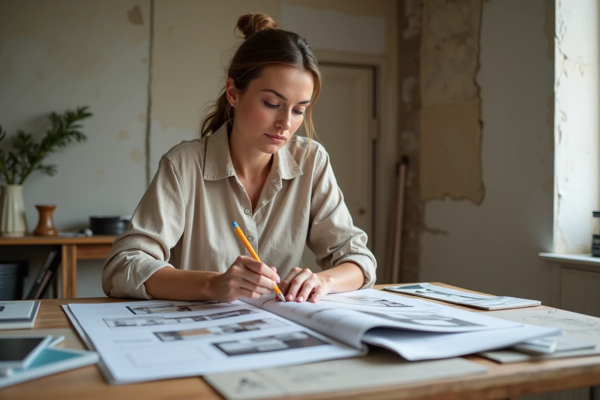 Femme consultant un magazine de rénovation maison avec des plans et des échantillons de peinture sur une table en bois