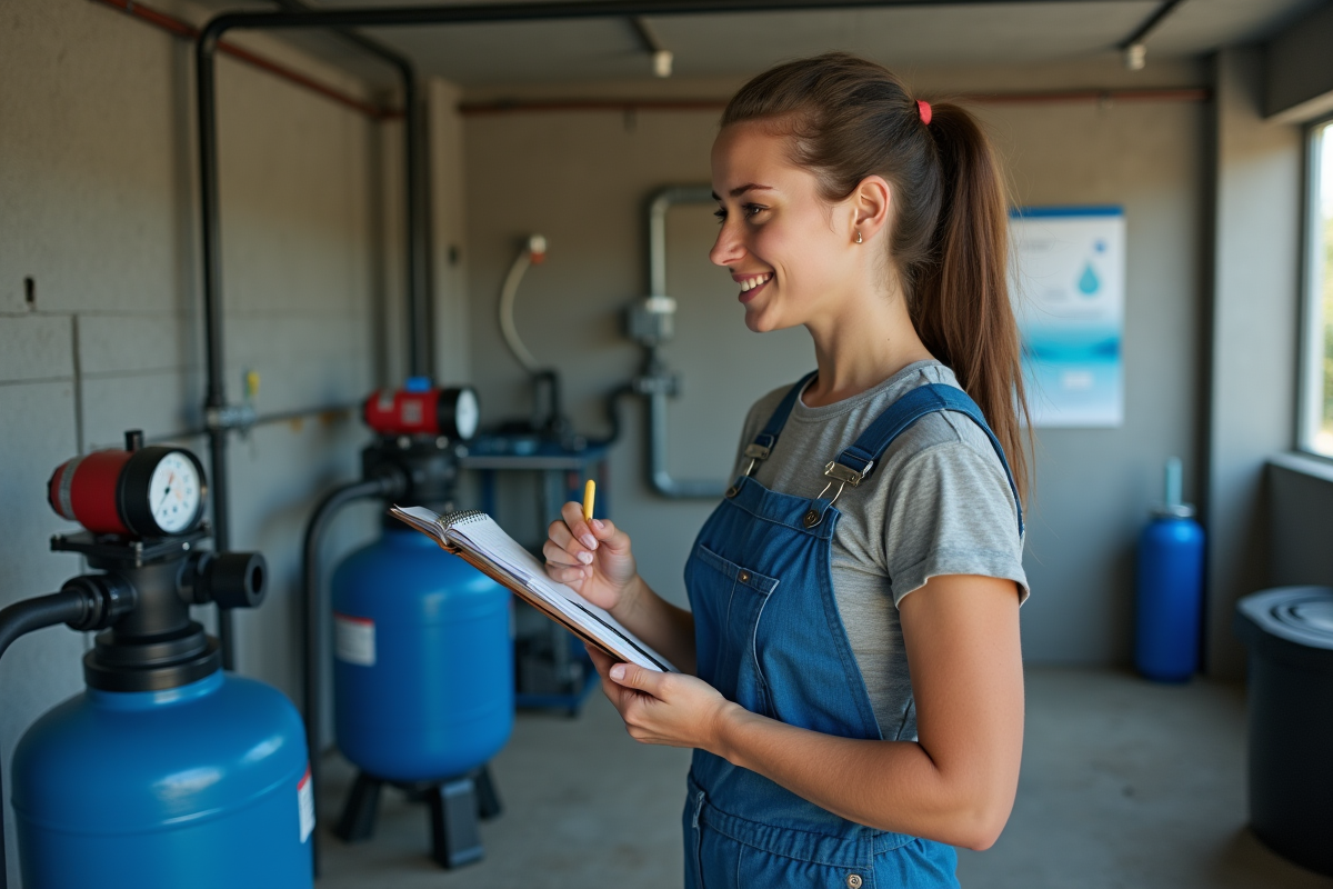 Femme surveillant un filtre sable dans un local technique